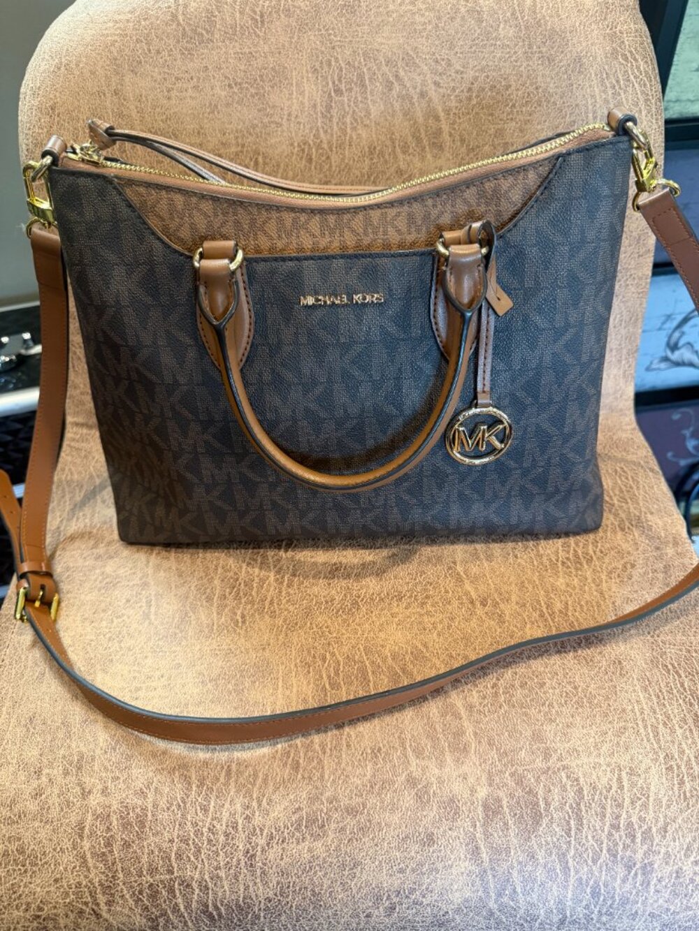 Michael Kors Austen Medium Brown MK Signature Satchel Crossbody Bag